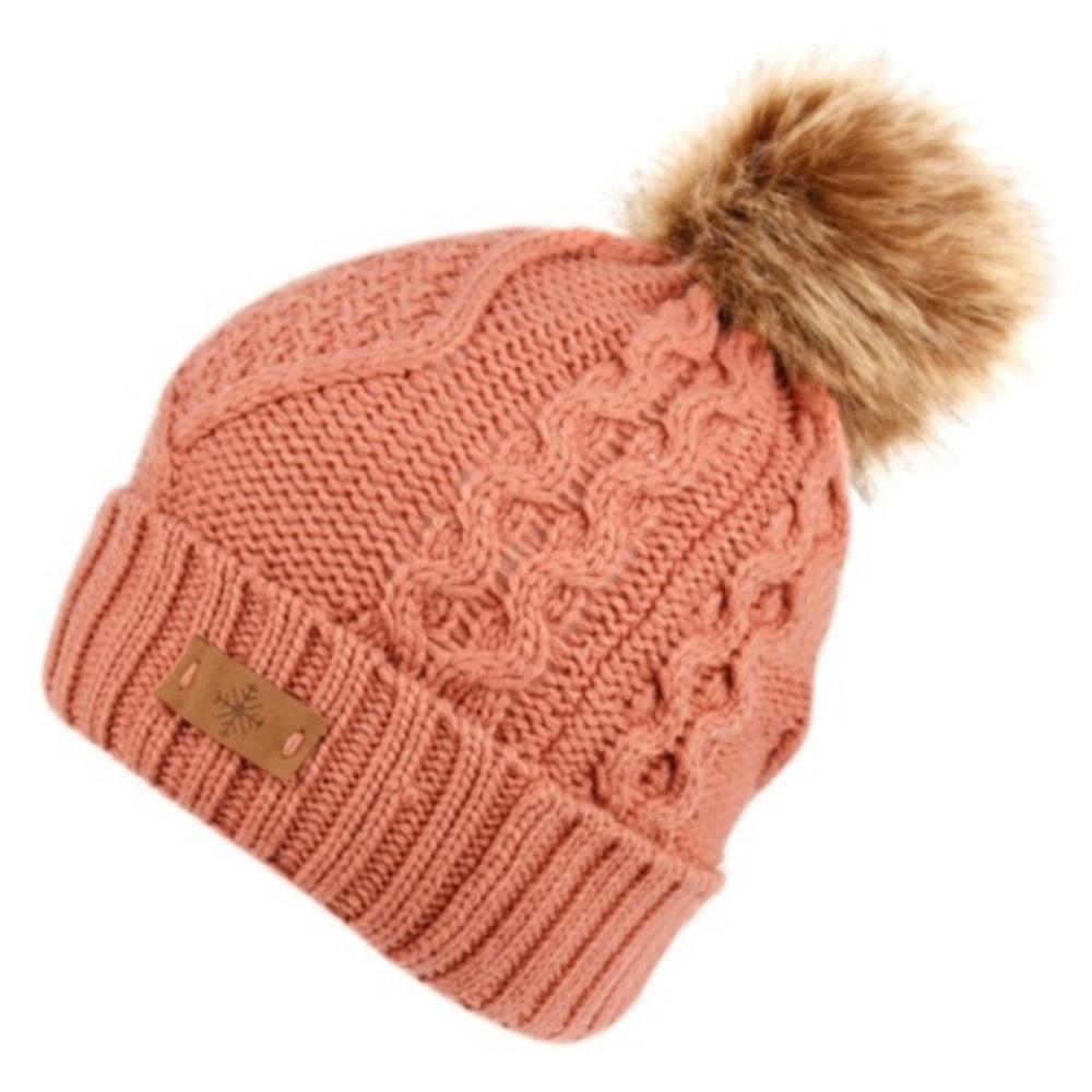 Dusty Pink Pom Pom Fleece Lined Beanie